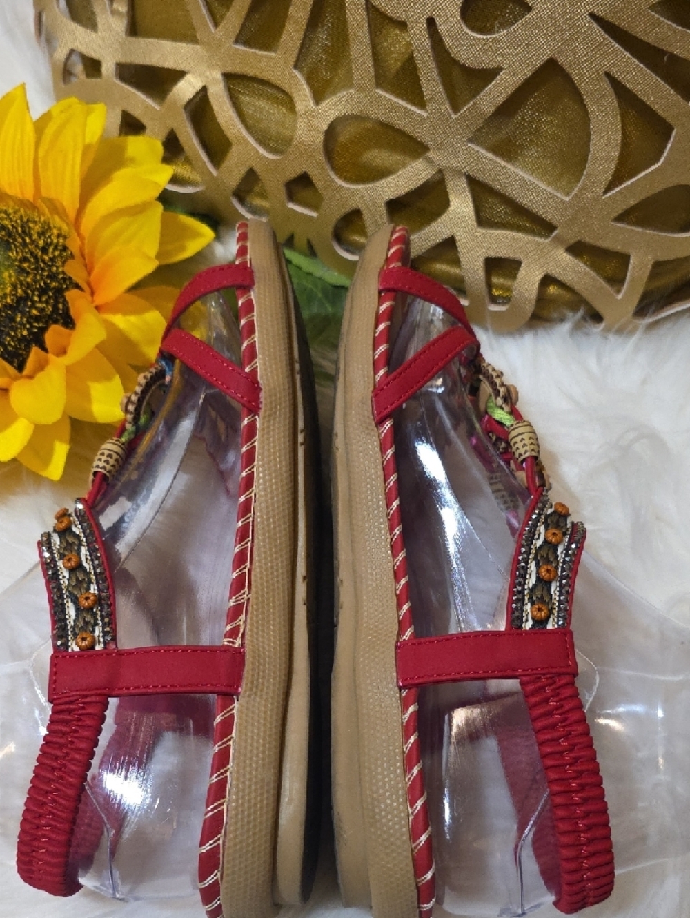 Women's Red Embellished T-Strap Sandals with Wooden Accents - Picture 6 of 8